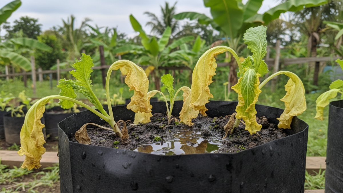 Tanaman sawi layu di polybag akibat drainase buruk di iklim tropis lembap.