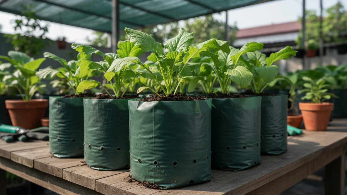 Polybag sawi dengan lubang drainase untuk mencegah busuk akar.