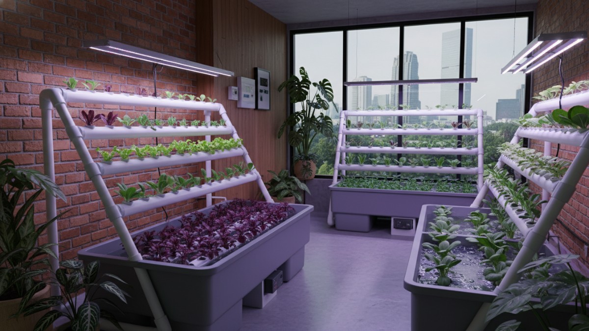 Ilustrasi sistem smart hydroponics di rumah lahan terbatas, solusi berkebun pintar modern untuk keluarga kota.