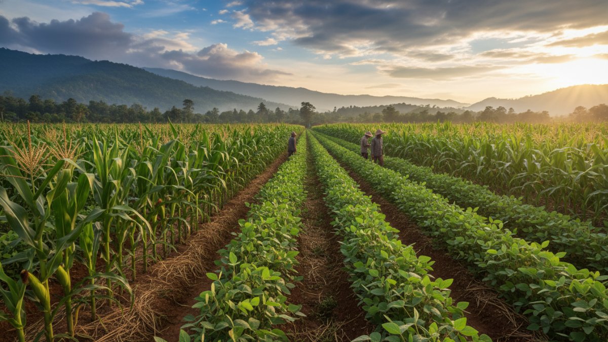 sistem tumpangsari jagung dan kedelai dalam satu lahan untuk efisiensi pertanian.