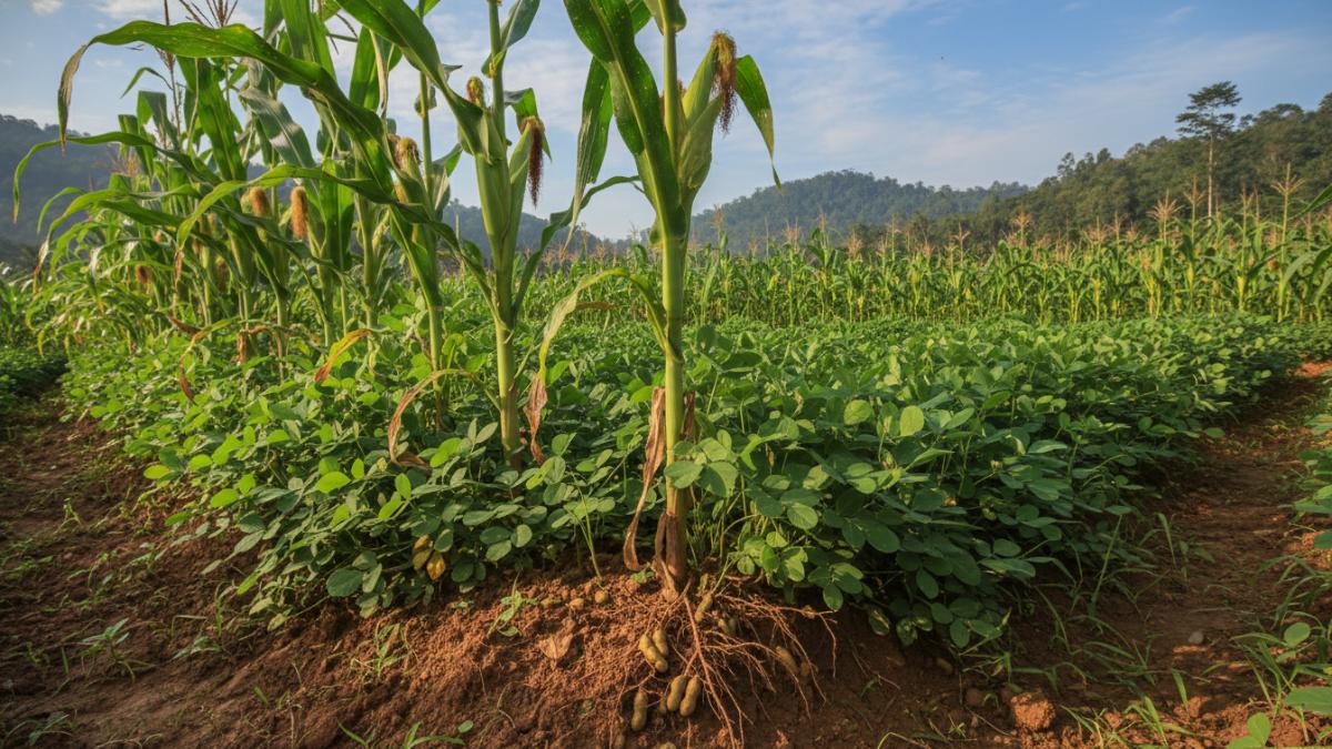 Kombinasi jagung dan kacang tanah dalam sistem tumpangsari yang saling mendukung.