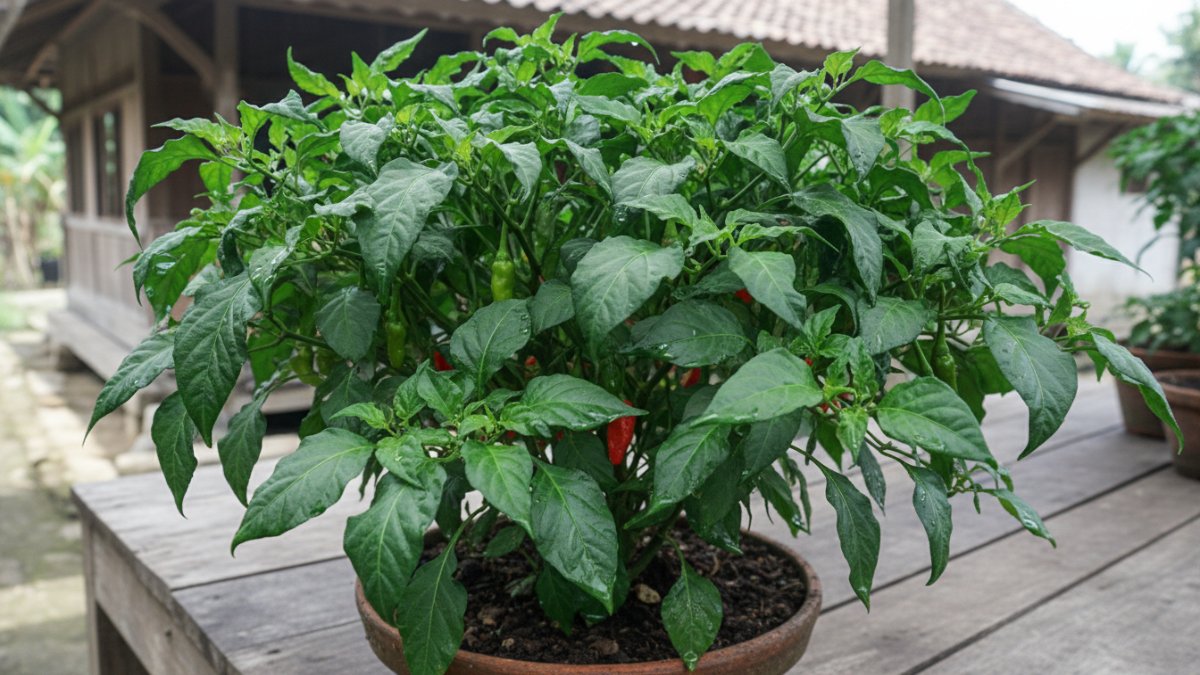 Cabai dengan daun lebat akibat nitrogen berlebih.