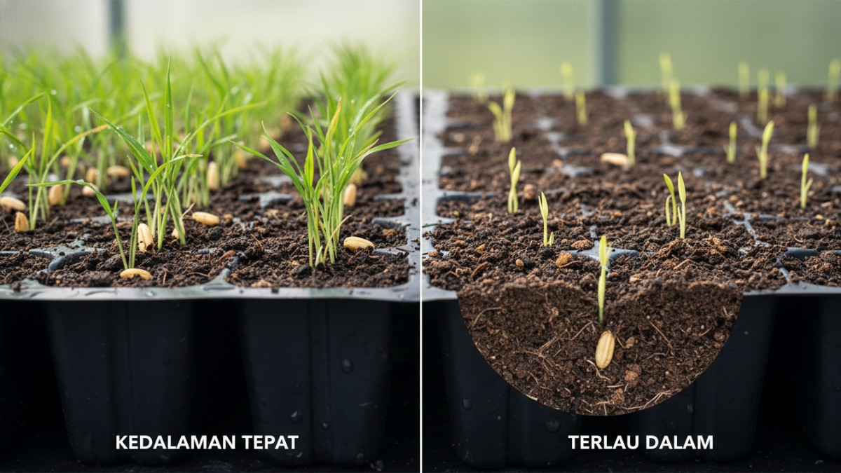 Perbandingan kedalaman tanam benih yang benar dan terlalu dalam.