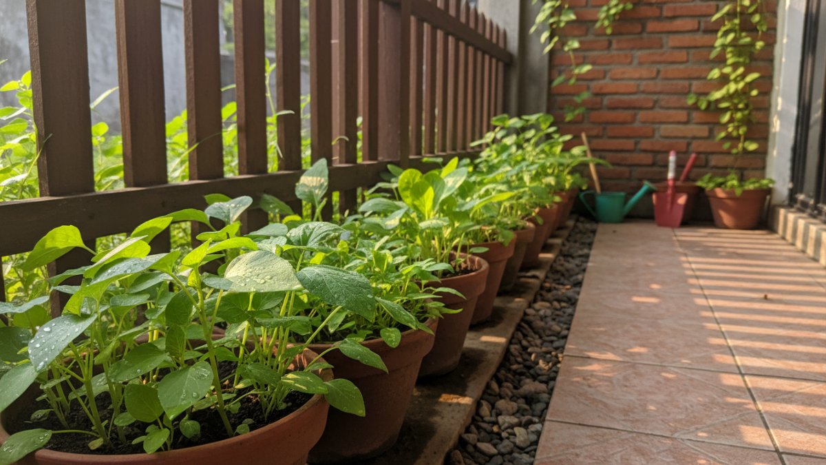 Pot sayuran daun di halaman rumah perkotaan dengan pencahayaan pagi.