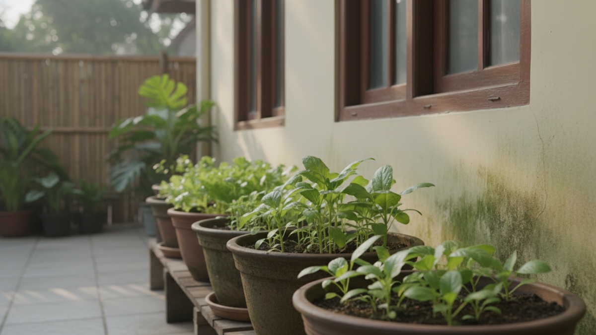 Posisi pot sayuran dengan jarak aman dari dinding rumah.