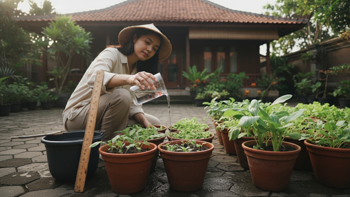 Penyiraman pot sayuran dengan takaran air terukur.