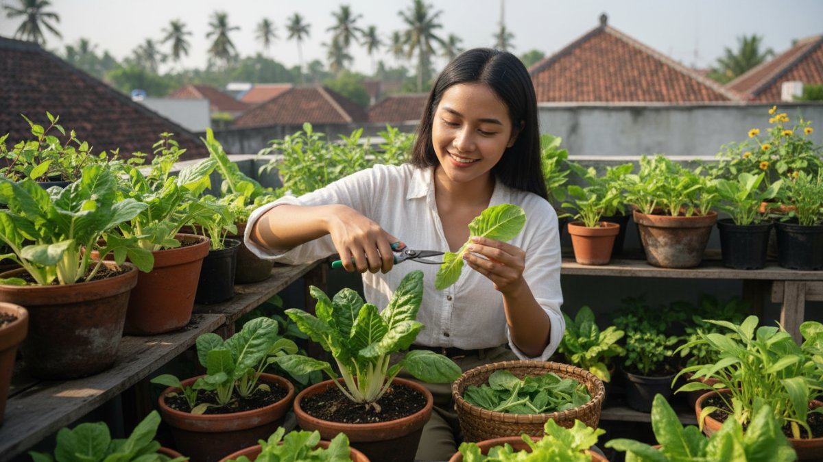Proses panen selektif daun sayuran di pot.