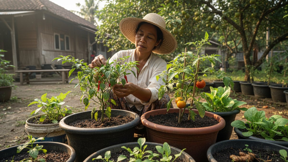Pot tanaman pangan di pekarangan rumah dengan media tanam dalam.