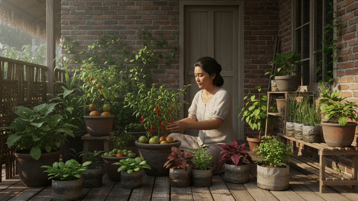 Susunan pot tanaman pangan di teras rumah.