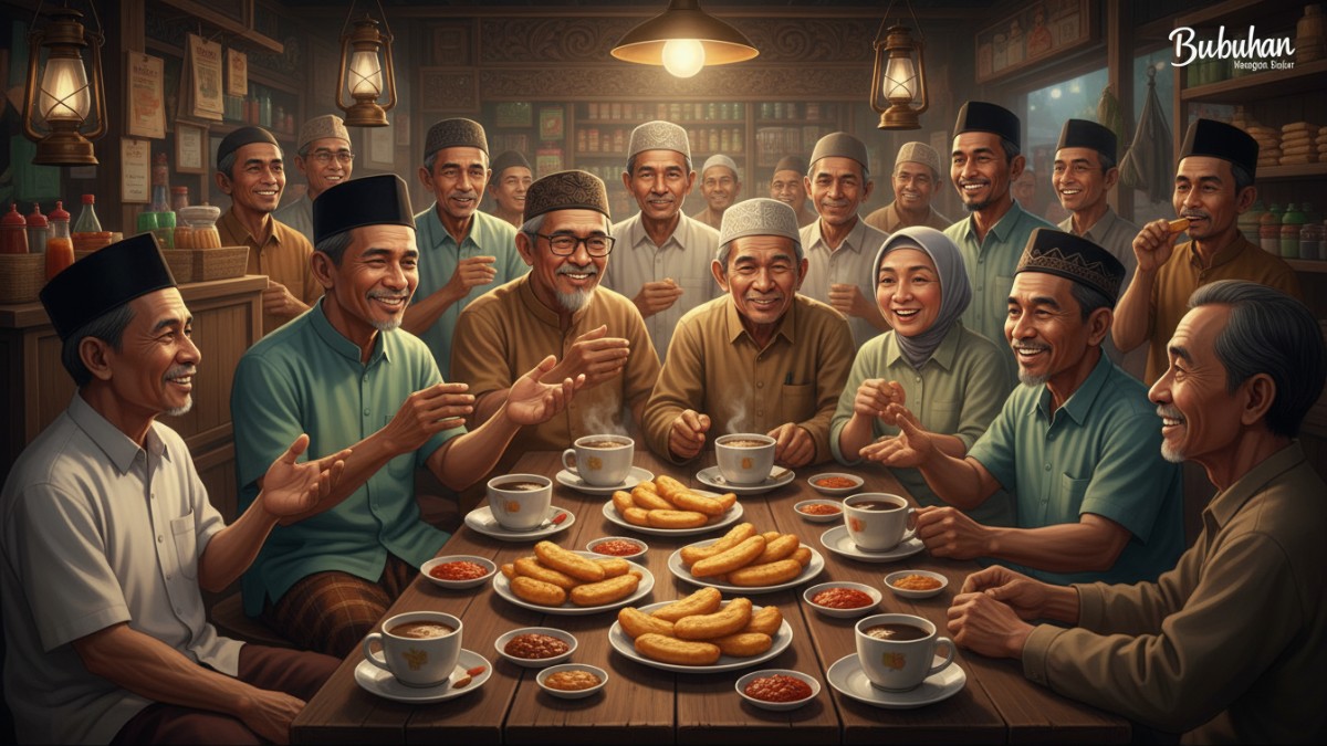 Ilustrasi komunitas warga Banjar berkumpul, menggambarkan makna bubuhan sebagai identitas sosial yang mengikat kelompok.