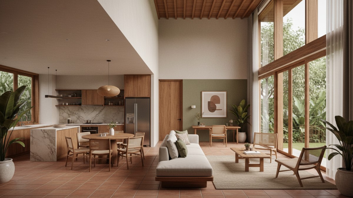 Interior rumah 2026 dengan warna earthy dan material kayu natural cocok untuk iklim tropis Balikpapan.