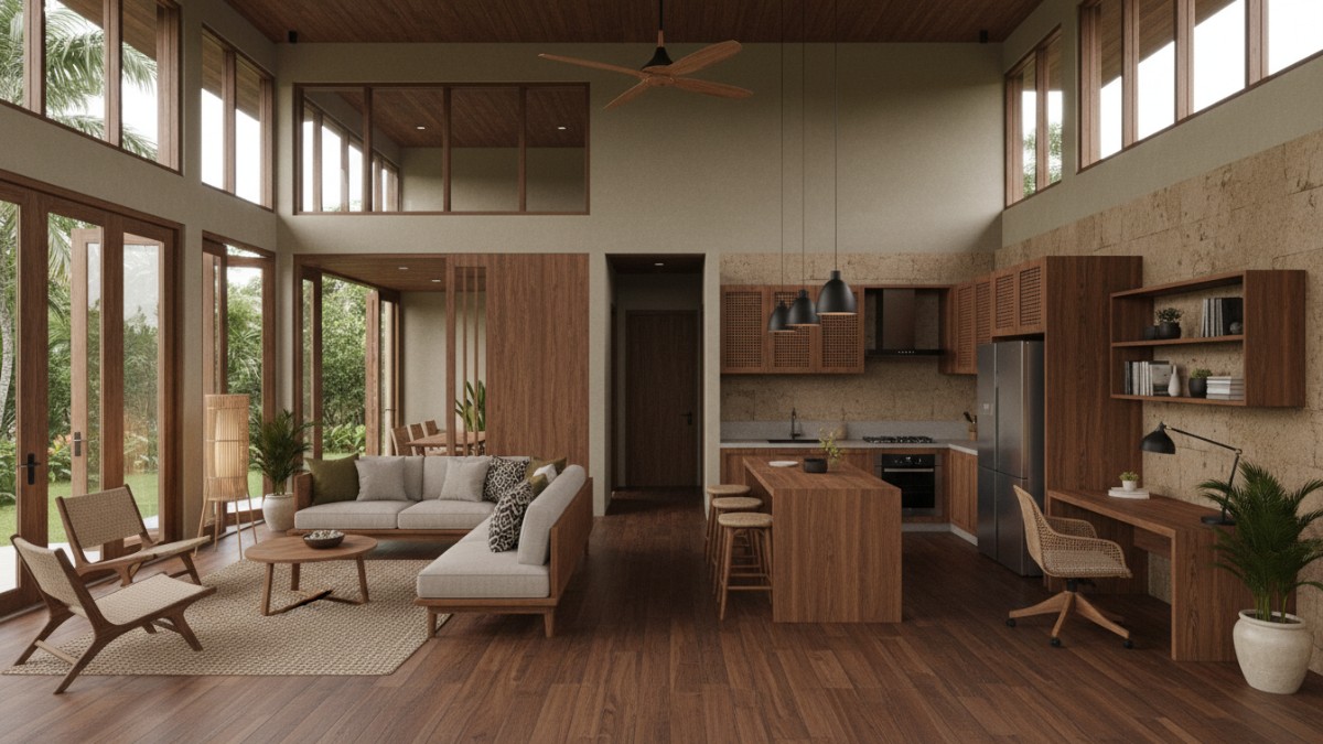 Rumah tropis modern 2026 di Balikpapan dengan ventilasi lebar dan atap tinggi, desain adaptif iklim pesisir.
