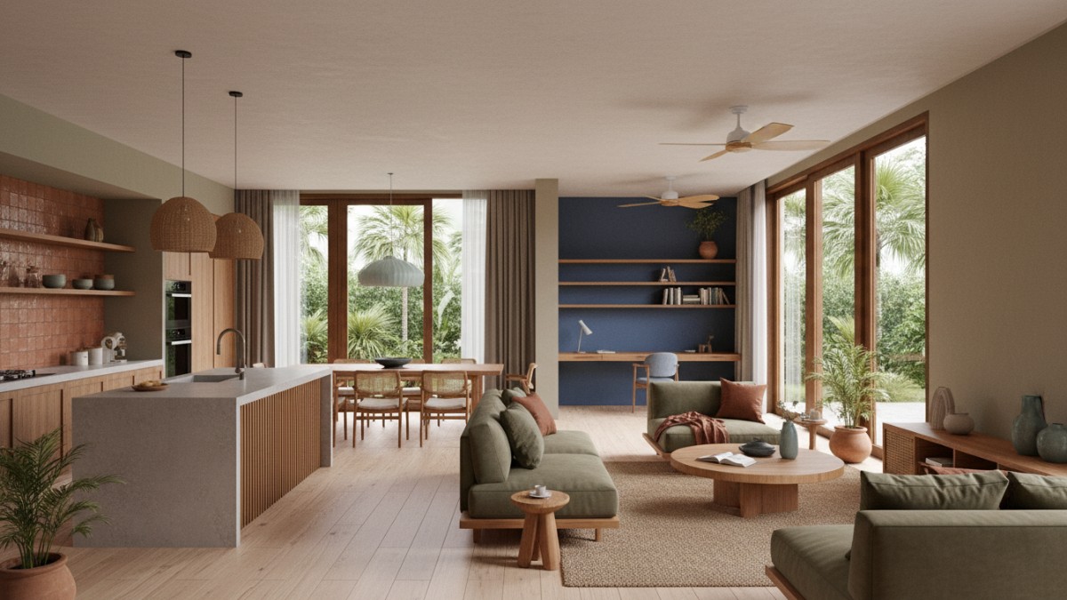Perpaduan warna Olive green, terracotta lembut, beige pasir, hingga biru laut redup. dan material kayu natural