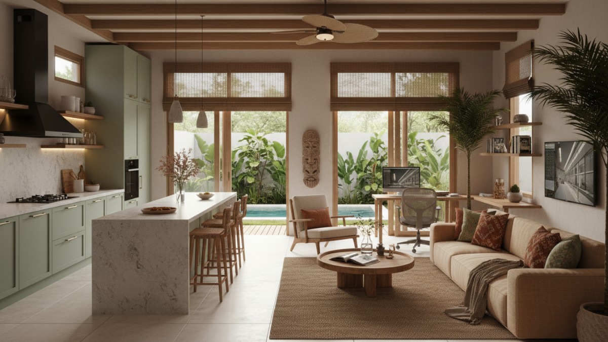 nterior dapur dengan countertop quartzite dan kabinet sage green, ilustrasi tren interior 2026 yang hangat dan fungsional.