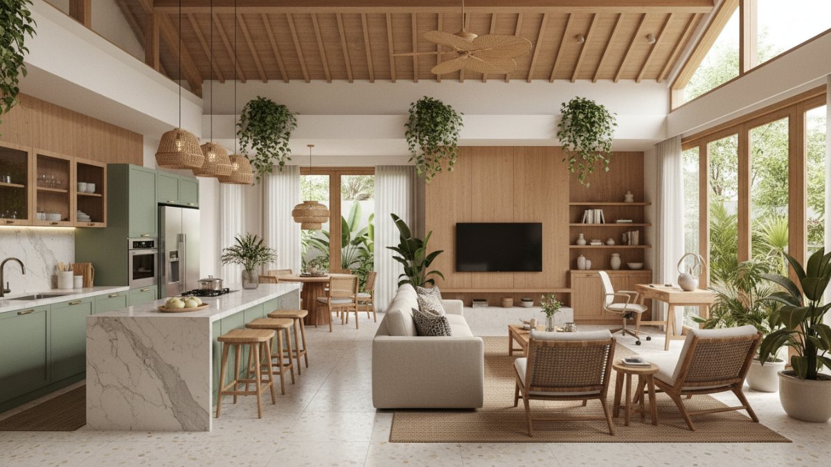 kombinasi warna sage green dan olive green pada kabinet dapur modern.