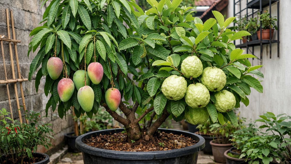 Kombinasi tanaman buah berbeda dalam satu pot.