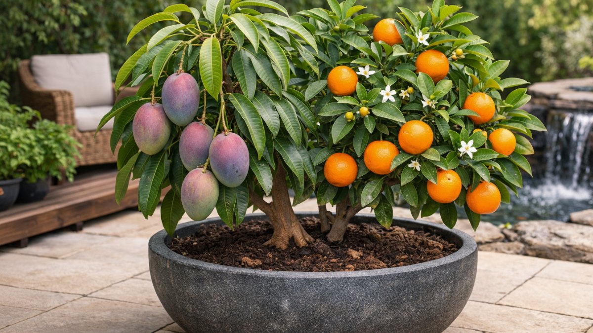 Kombinasi 2 tanaman buah berbeda dalam satu pot dengan diameter pot 50 cm.
