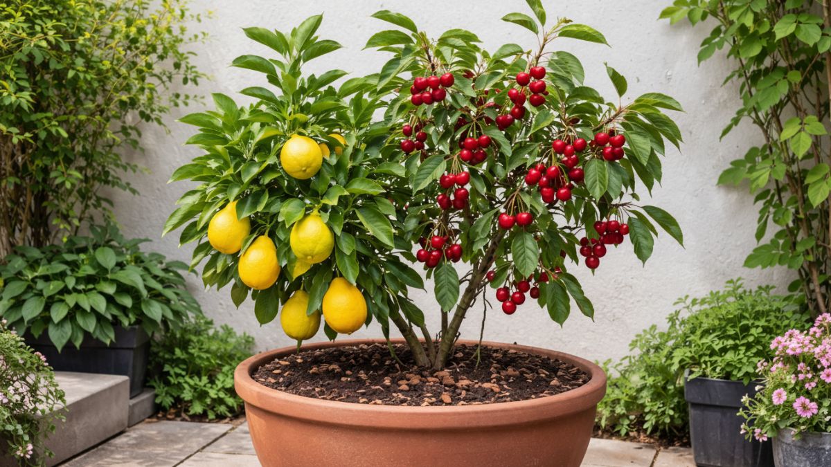 Kebun buah mini dua pohon dalam satu pot di pekarangan sempit rumah modern.