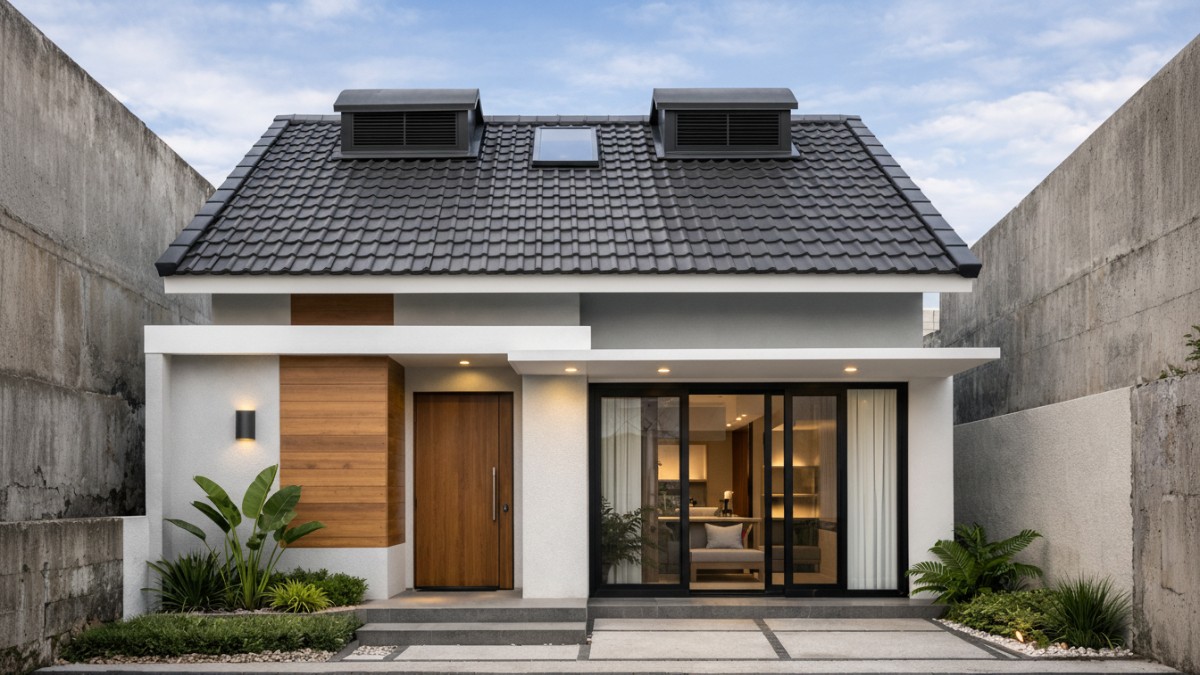 Tampilan atap rumah minimalis modern dengan desain adaptif yang cocok untuk menghadapi panas dan hujan.