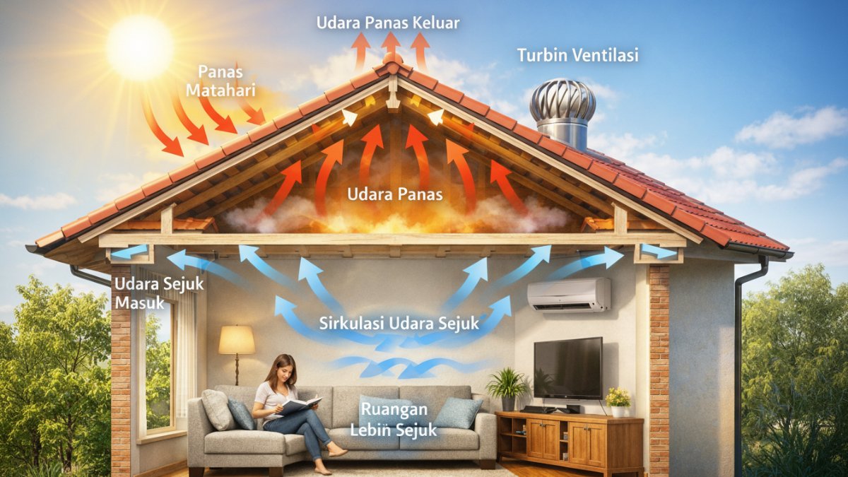 Ilustrasi diagram ventilasi atap rumah untuk mengurangi panas ruangan.