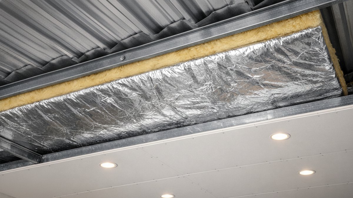 Atap metal dengan insulasi foil dan plafon gypsum.
