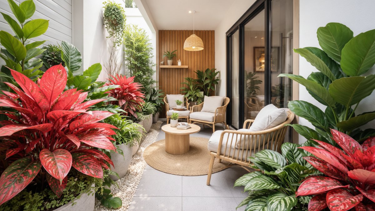 Kombinasi tanaman hias warna merah dan hijau di teras rumah minimalis modern.