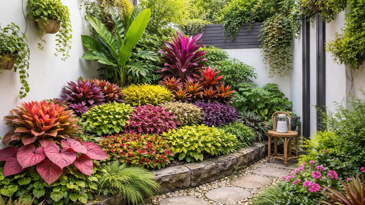 Tanaman hias warna-warni di halaman rumah minimalis modern yang menciptakan suasana hidup.