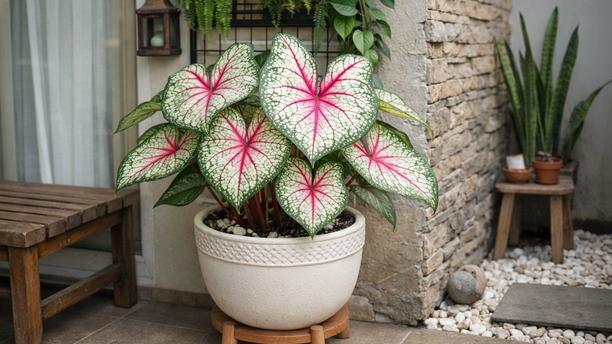 Tanaman caladium di area semi-shade.