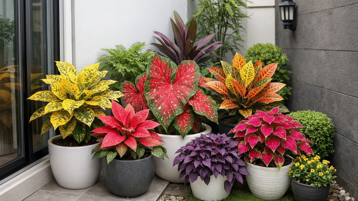 Kontras warna tanaman di halaman rumah.