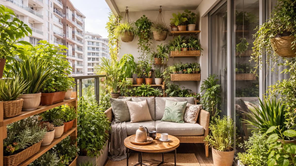 Balkon apartemen dengan tanaman adaptif tersusun rapi.