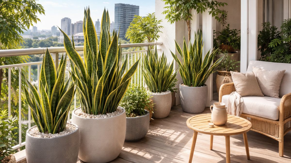 Tanaman tahan panas seperti lidah mertua di balkon.