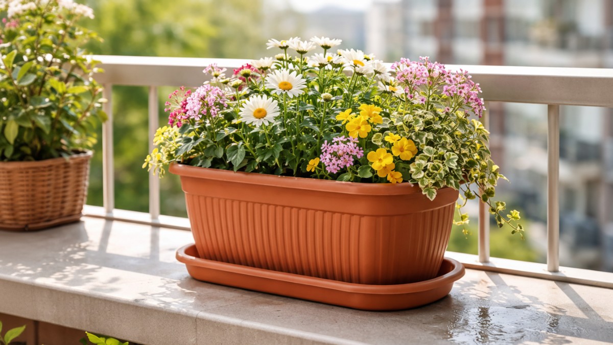 Pot ringan dengan tatakan air di balkon apartemen.