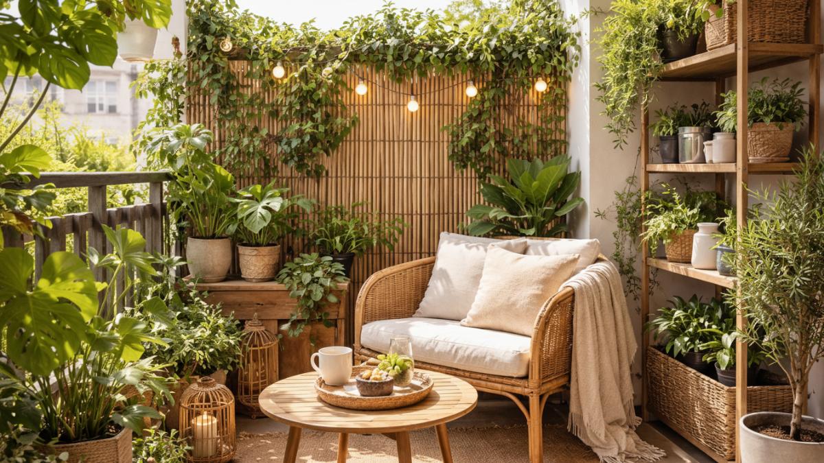 Sudut balkon hijau sederhana untuk relaksasi.