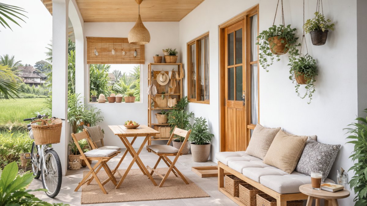 Teras rumah minimalis desa dengan furnitur ringan multifungsi yang mendukung aktivitas harian.