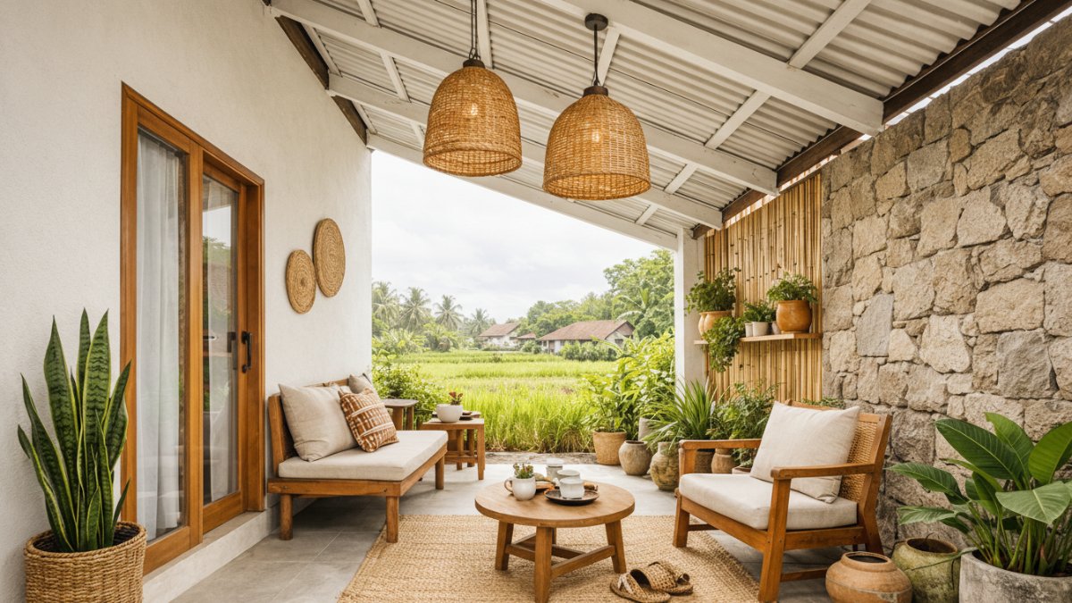 Teras rumah minimalis desa dengan ukuran ideal dan atap tinggi untuk sirkulasi udara.
