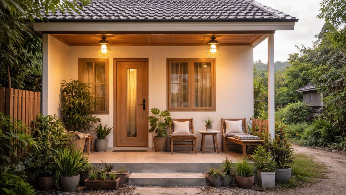 Teras rumah minimalis desa dengan lampu pelindung untuk mengurangi serangga.