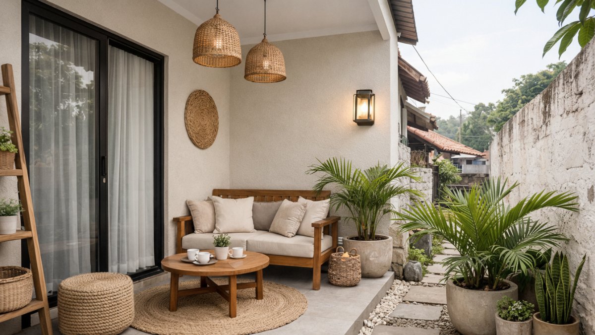 Teras rumah minimalis desa dengan tanaman palem kecil dan warna netral.