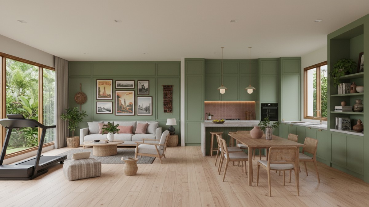 ombinasi warna sage green dan olive green pada kabinet dapur modern.