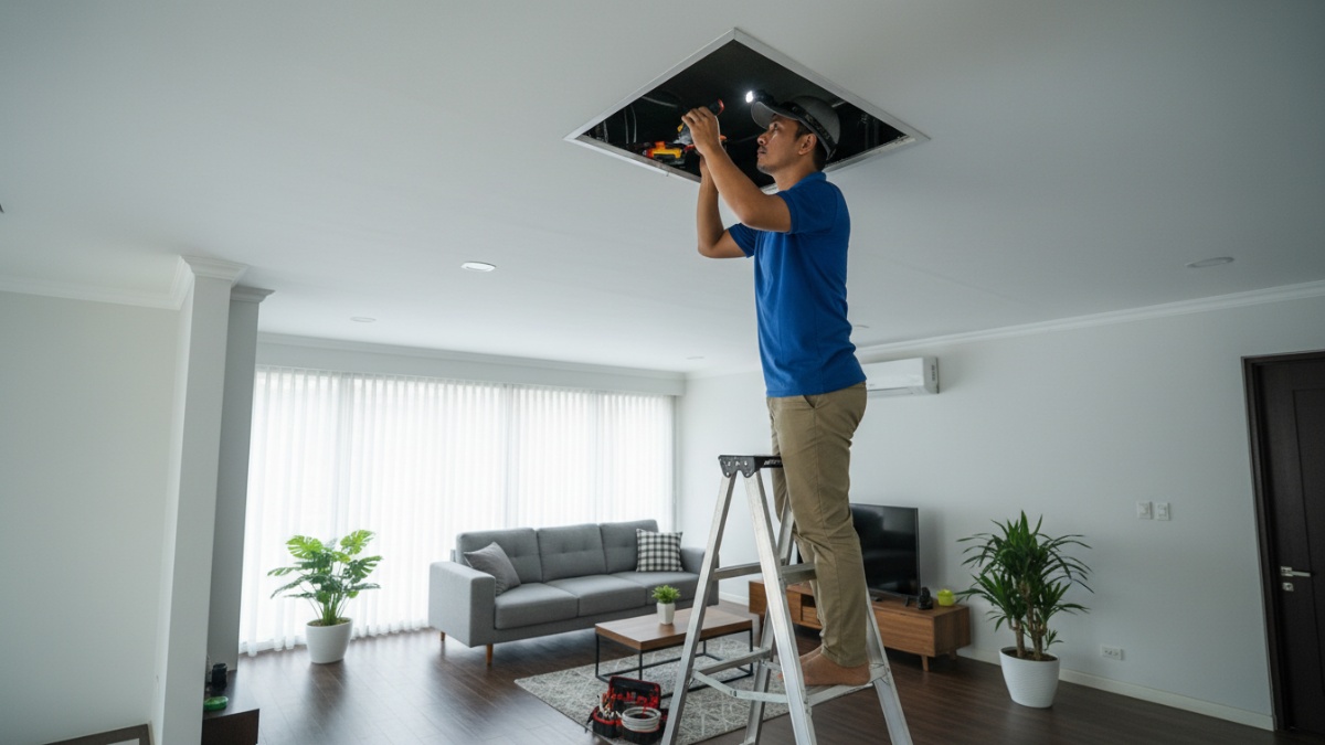 manhole plafon ukuran 60x60 cm terbuka dengan akses ke instalasi kabel dan pipa di atas plafon rumah modern.