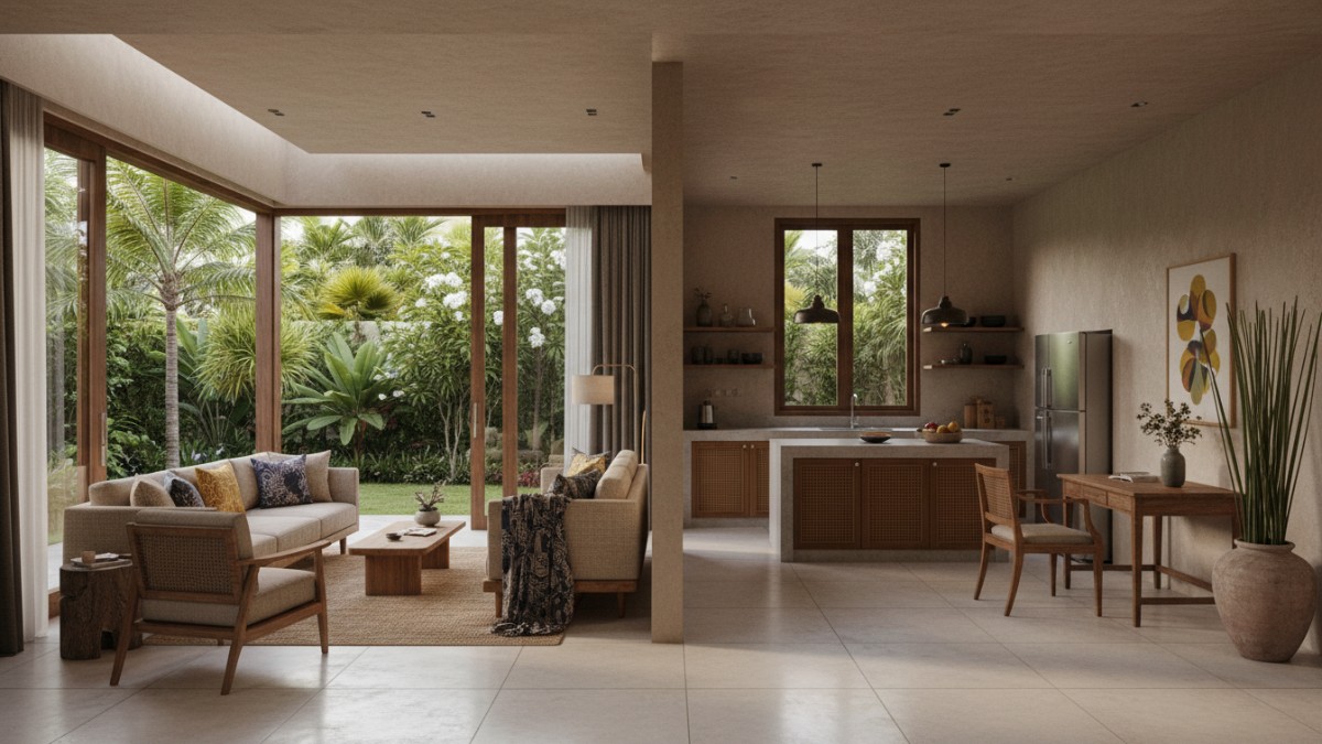 Ilustrasi rumah minimalis modern 2026 dengan jendela lebar dan konsep open plan di kawasan tropis.