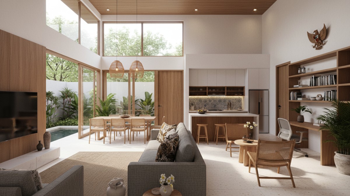 Desain rumah minimalis modern 2026 di Balikpapan dengan konsep open plan dan ventilasi alami yang relevan untuk keluarga muda.