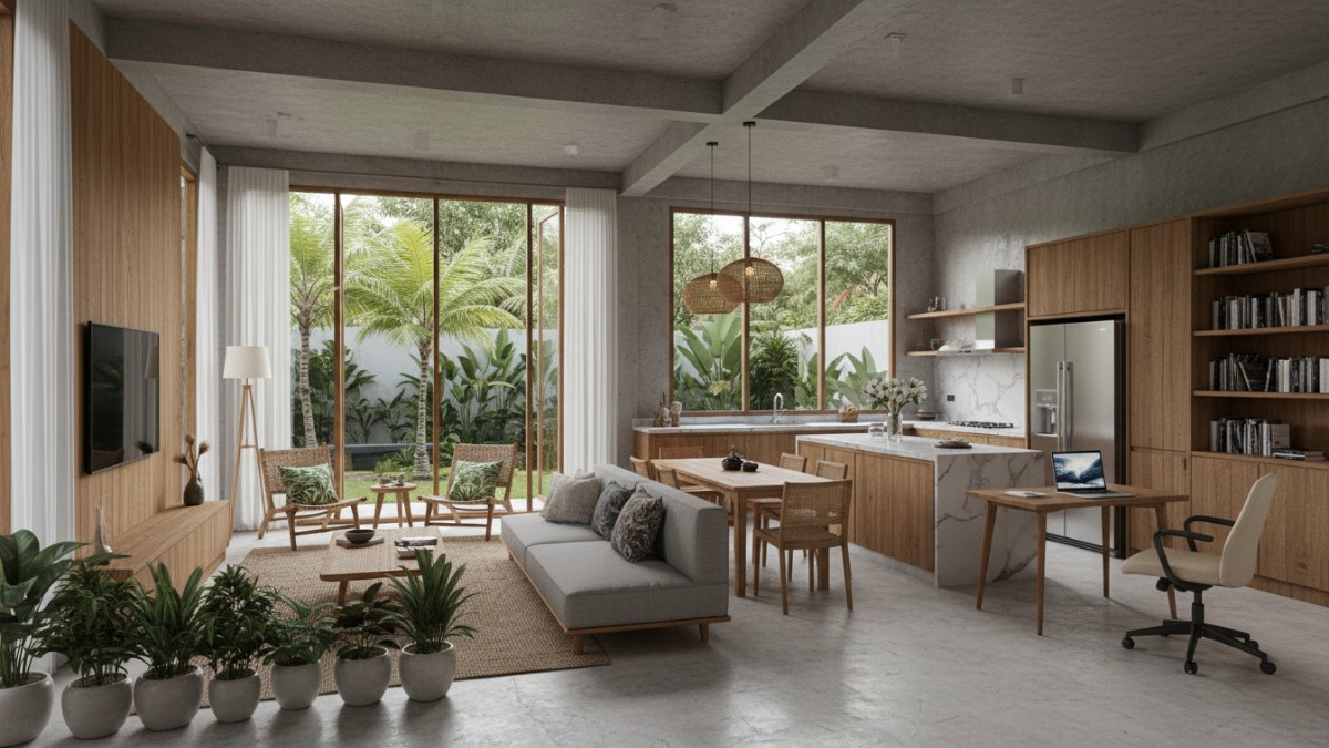Contoh ruang tamu dengan kombinasi olive green dan furnitur kayu tahan lembap.
