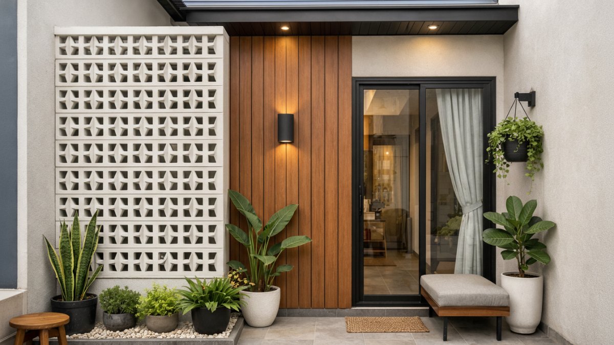 Dinding teras modern dengan kombinasi roster dan panel kayu sintetis bikin fasad rumah lebih hidup.