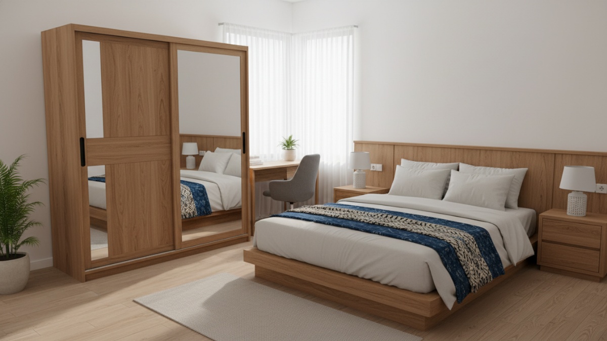 Lemari pakaian pintu geser dengan ukuran proporsional di kamar kompak