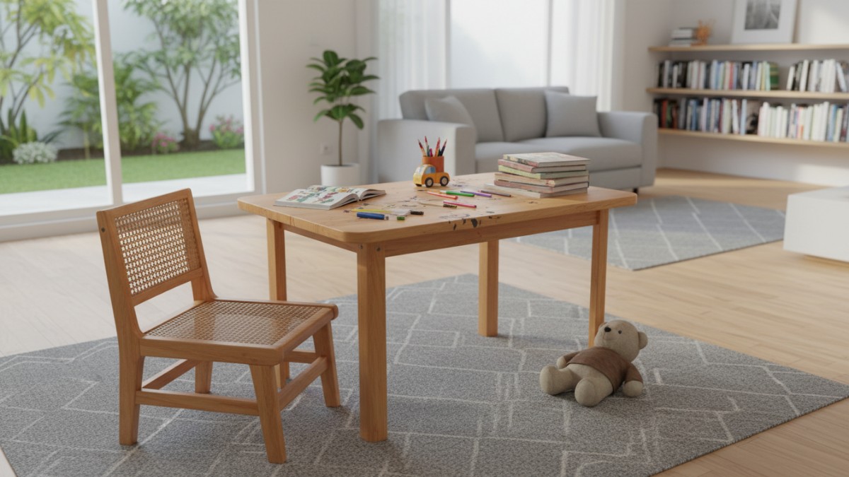 Set meja dan kursi belajar anak ergonomis di kamar minimalis