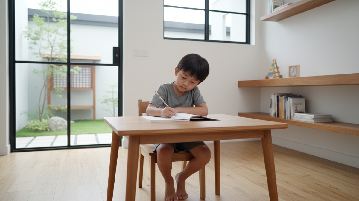 Anak duduk dengan posisi siku sejajar meja belajar