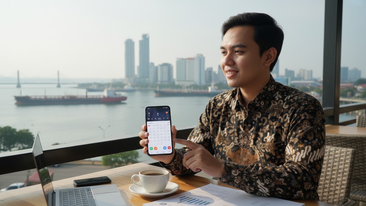 Pekerja kantor di Balikpapan memakai Samsung Galaxy A14 5G untuk aktivitas digital harian.