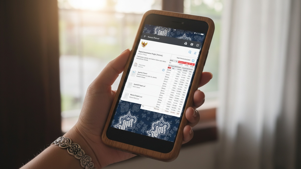Tampilan layar ponsel digunakan membuka email dan dokumen kerja.