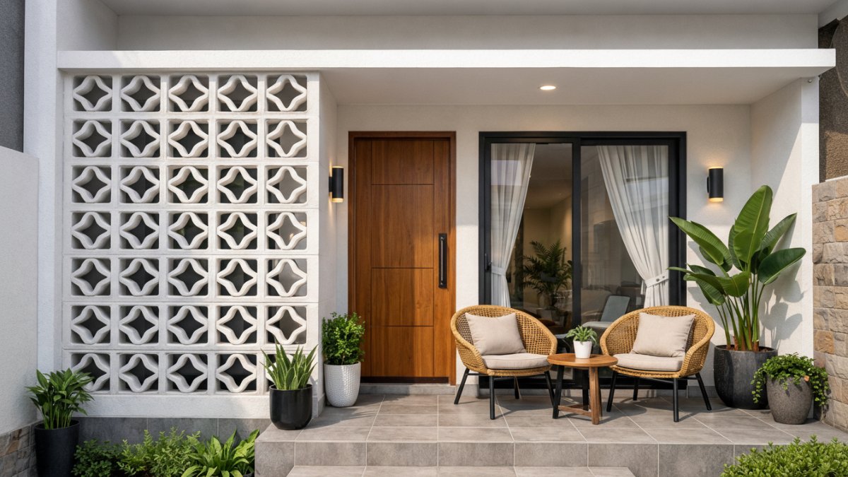 Roster beton dekoratif di teras rumah modern.
