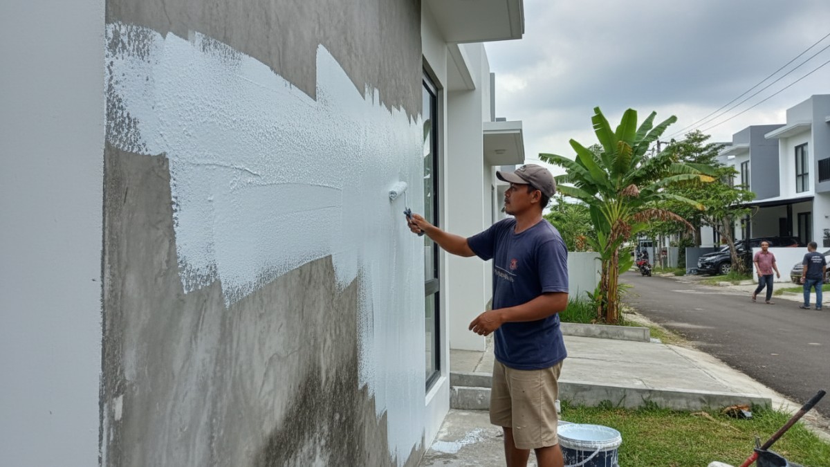 Dinding rumah lembap dengan lapisan waterproofing baru, solusi anti rembes di iklim Balikpapan. 